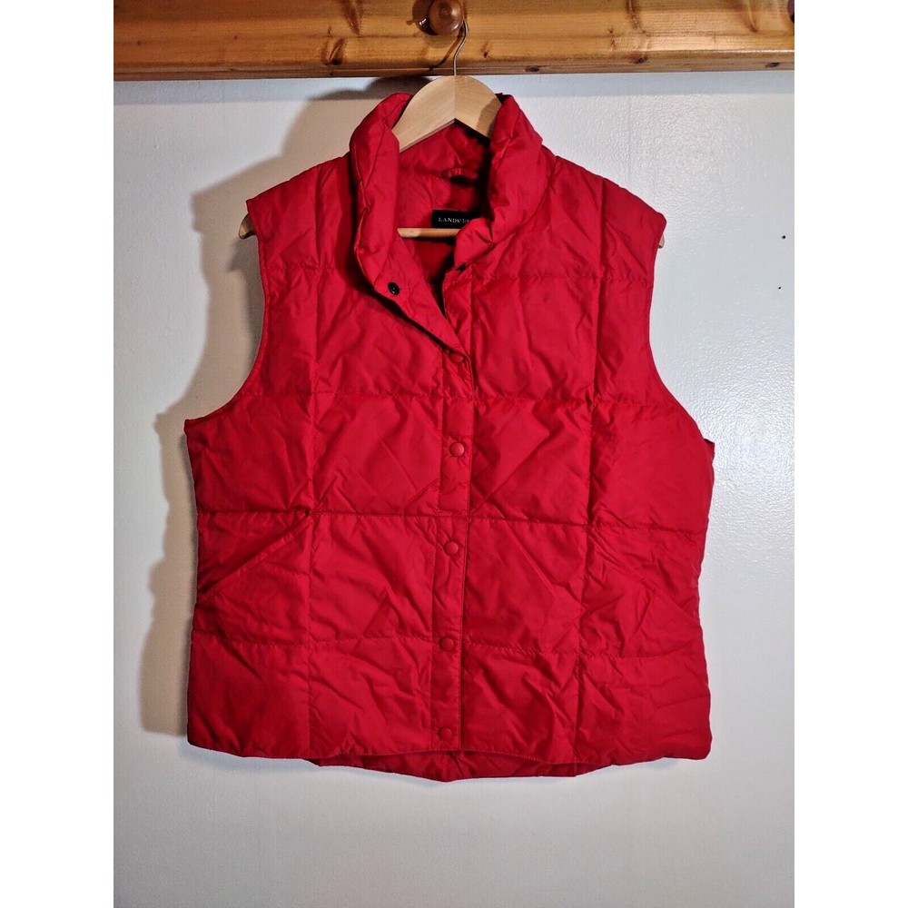 Land's End Women's XL Red Down Filled Vest Snap Front Pockets Basic Classic